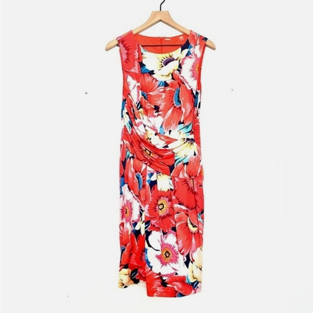 T Tahari Womens Sheath Dress Red Floral Ruched Panel Sleeveless Plus 24W - Picture 2 of 4